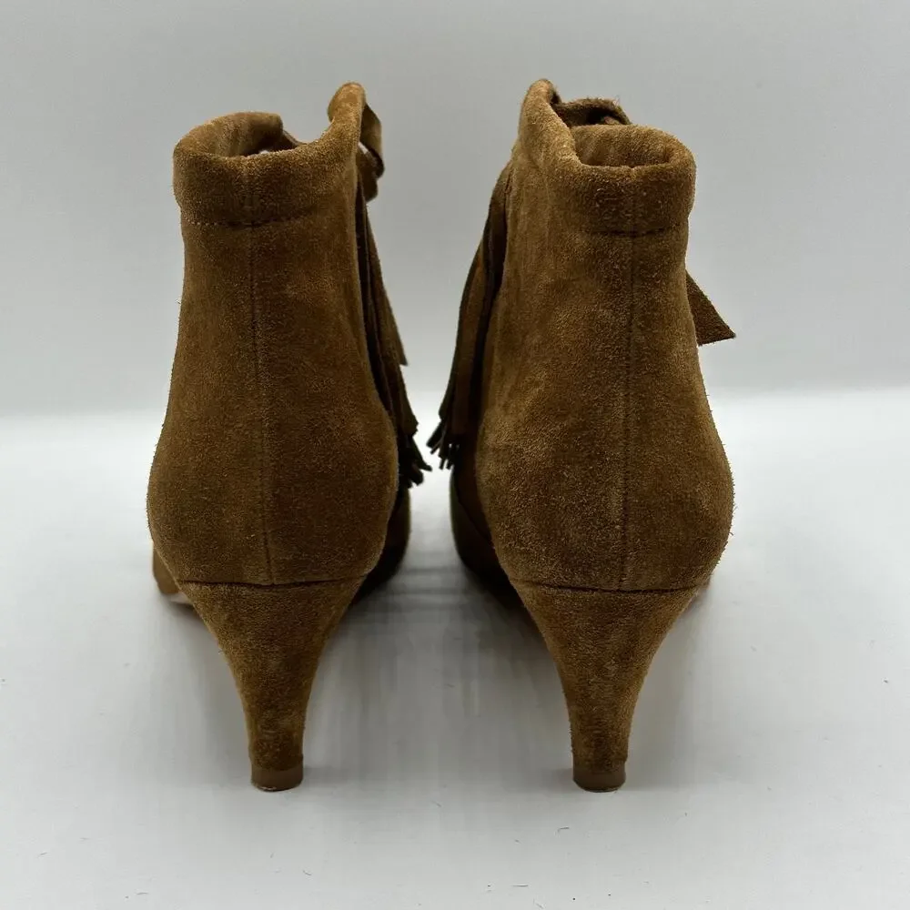 MAJE Suede Leather Fringe Tassel Kitten Heel Boots Camel Tan - Picture 5 of 8
